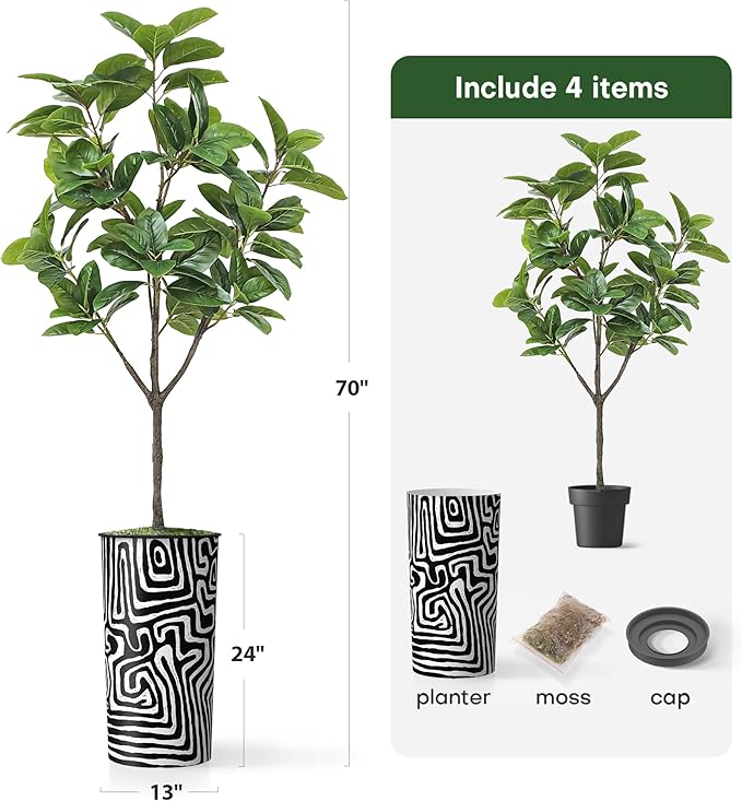 Artificial Tree in Modern Geometric Pattern Planter, Fake Rubber Silk TRE for Indoor and Outdoor Home Decoration - 70" Overall Tall (Plant Pot Plus Tree)