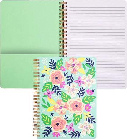 Steel Mill & Co Cute Green Mini Spiral Notebook, 8.25" x 6.25" Journal with Durable Hardcover and 160 Lined Pages, Mint Floral