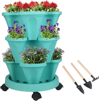 GameXcel Vertical Planter 3 Tier Stackable Planters Garden Planters Strawberry Herb Flower and Vegetable Planter Indoor Outdoor Gardening Pots with Removable Wheels and Tools
