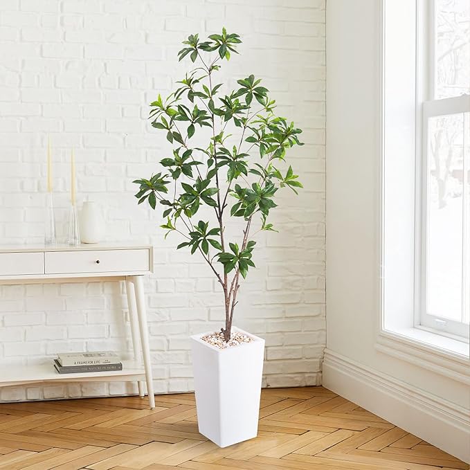 Artificial Brave Ficus Tree 5FT-Faux Tree with White Tall Planter-Fake Potted Tree with Silk Leaves-Tall Artificial Plants for Home Office Living Room Hallway Decor Indoor