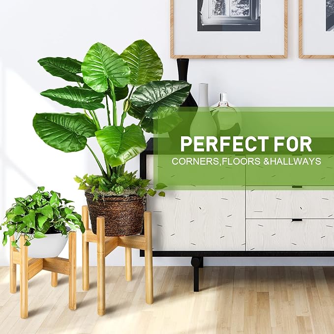 FJO 2Pcs Adjustable Plant Stand Indoor - Bamboo Plant Stands, Bamboo Mid Century Modern Plants Stands, Plant Holder for Living Room Fits 8 to 12 Inches Pots(Pot & Plant Not Included) (Natural)