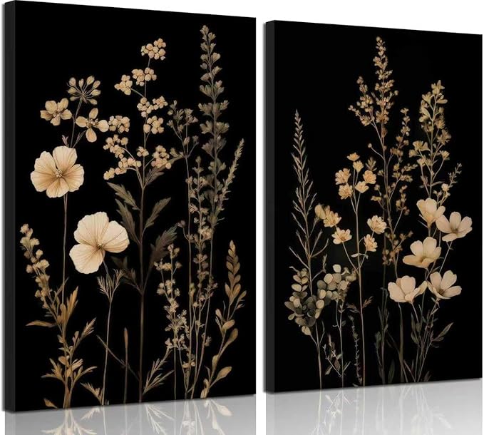 2Psc Dark Botanical Wall Art Vintage Black Flower Painting Picture Wall Decor Moody Flower Poster Print Artwork for Living Room Bedroom or Office Home Decoration 12x16 Inch