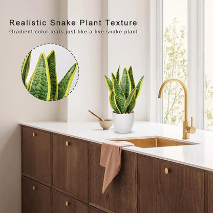 Hollyone Artificial Snake Plant Potted Faux Sansevieria Trifasciata Plants, 13" Tropical Fake Plants in White Pots for Home Office Room Indoor Decor Housewarming Gifts