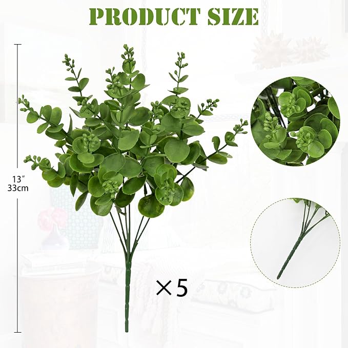 Artificial 5Pcs Faux Eucalyptus Leaves Stems Fake Plants Sharp UV Resistant Faux Plastic Boxwood for Wedding Kitchen Office Garden Porch Farmhouse Window Box Home Decor
