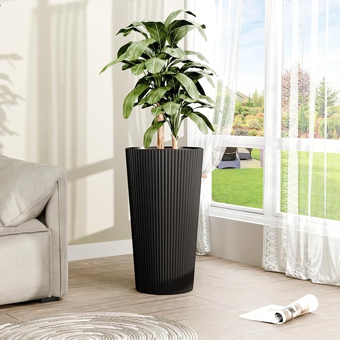 FONTOI 23.6" Tall Planter for Outdoor Plants Set of 2 Large Outdoor Plastic Striped Flower Pots, Front Porch Furniture, Garden Pots, Decorative Planters for Indoor/Outdoor, Patio, Balcony, Black