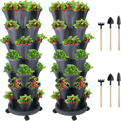 GameXcel Vertical Planter 7 Tier Stackable Planters Garden Planters Strawberry Herb Flower and Vegetable Planter Indoor Outdoor Gardening Pots with Removable Wheels and Tools