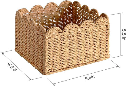 Scalloped Basket, Wicker Storage Baskets, Hand Woven Baskets for Shelves,Natural Baskets for Organizing (S-9.5" L x 9.5" W x 5.5" H)