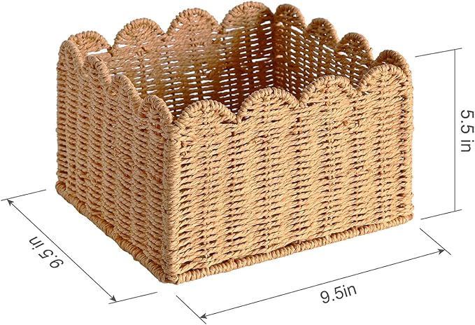 Scalloped Basket, Wicker Storage Baskets, Hand Woven Baskets for Shelves,Natural Baskets for Organizing (S+M)