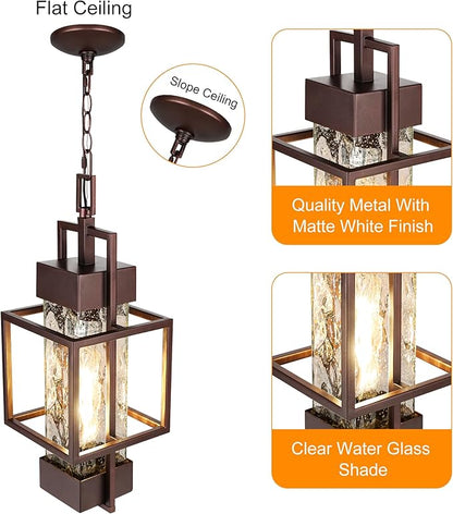 15" Outdoor Indoor Pendant Light Exterior Hanging Lantern, Modern Metal Outside Chandelier Light Fixture Ceiling Mount with Water Glass for Front Porch Entrance Foyer Entryway, Oil Rubbed Bronze