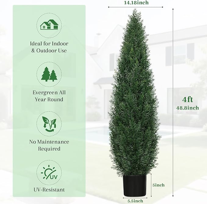 4FT UV Resistant Artificial Cedar Topiary Trees, Potted Faux Cypress Shrubs for Outdoor & Indoor Decor, Realistic Evergreen Fake Plants for Front Porch, Patio, Home, Office, or Garden, Set of 2