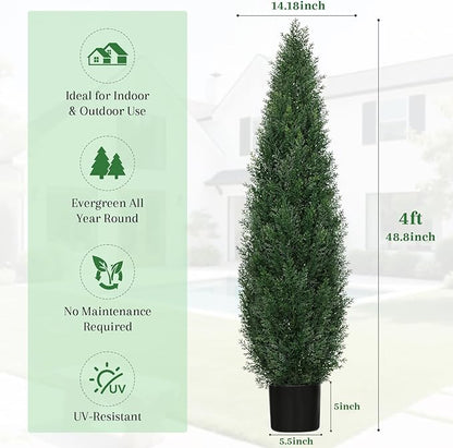 4FT UV Resistant Artificial Cedar Topiary Trees, Potted Faux Cypress Shrubs for Outdoor & Indoor Decor, Realistic Evergreen Fake Plants for Front Porch, Patio, Home, Office, or Garden, Set of 2