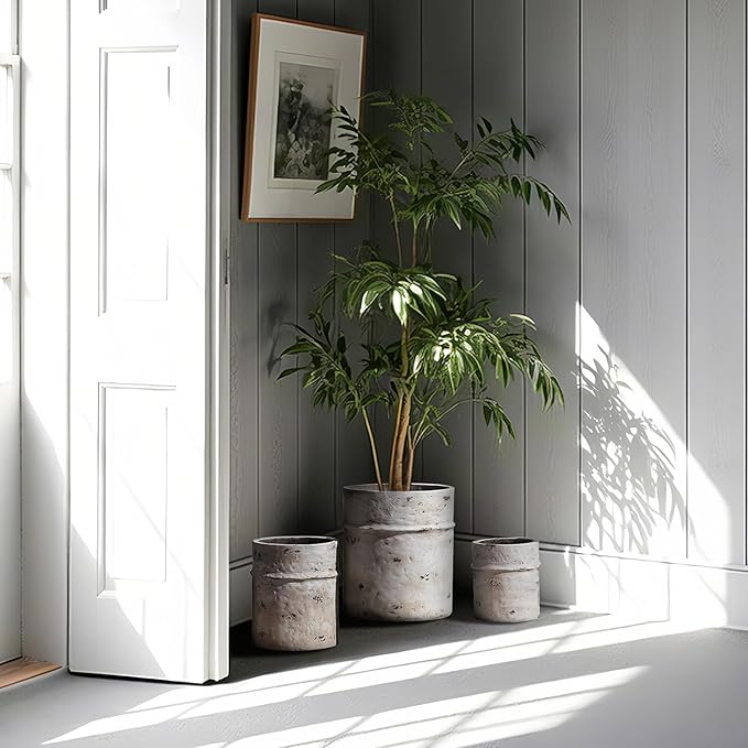 Yundu Concrete Planter Set of 3, 14.5 & 12 & 10.2 inch Plant pots, Modern White Concrete Planter with Drain Hole, Office and Home Décor, Indoor and Outdoor Décor