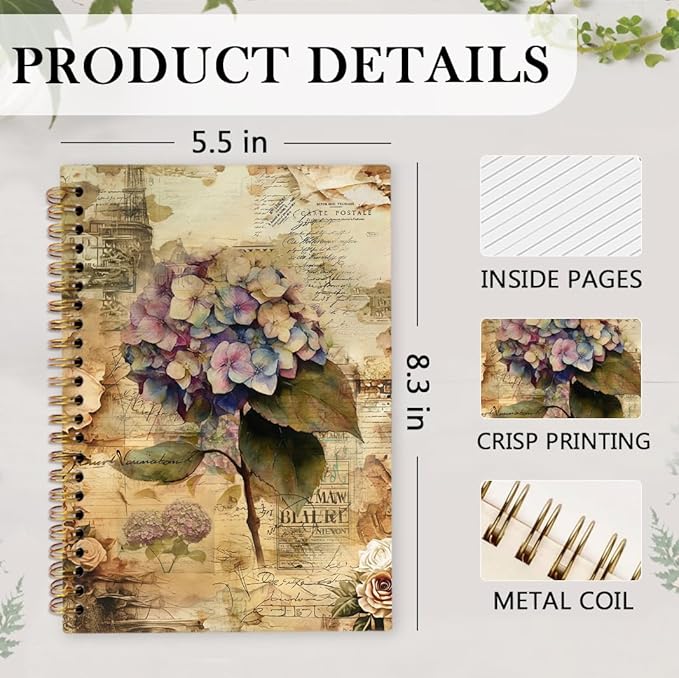 Classical Hydrangea Spiral Notebook, Vintage Mid Century Floral Journal Notebook, Hydrangea Flower Journaling Notebooks for Women, Retro Floral Office School Supplies Gifts, 5.5x8.3 Inch