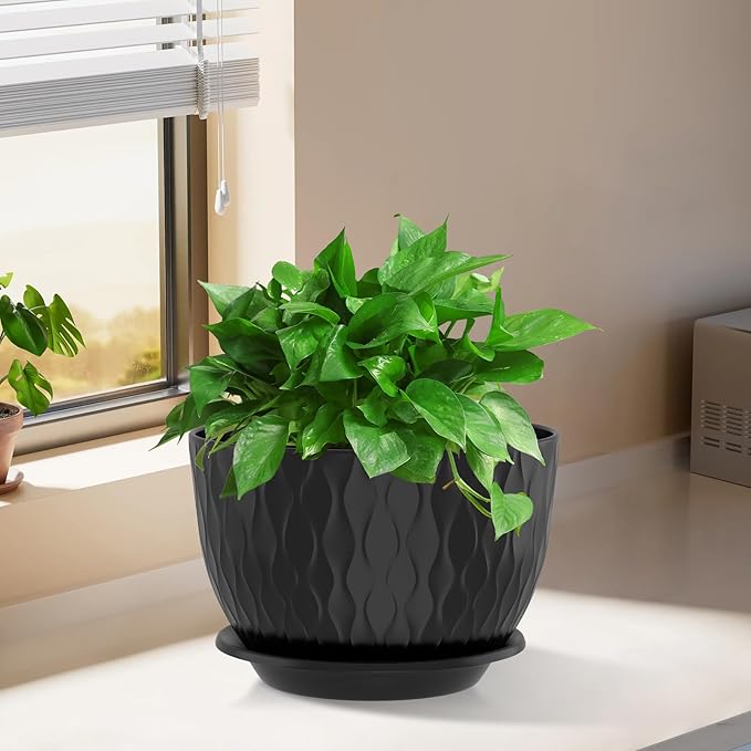 12/10/9 Inch Planter Pots, 3-Pack Large Flower Pots for Indoor Outdoor Garden Plants, Big Plant Pots with Multi Mesh Drainage Holes and Saucer (Black, 12"+10"+9")