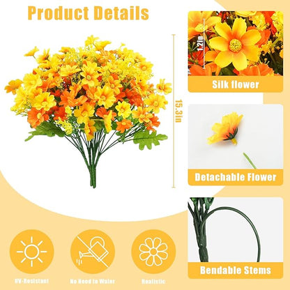 Uieke 24 Bundles Artificial Fall Flowers for Outdoors Fake Daisy Mums Flowers UV Resistant Autumn Flowers No Fade Indoor Outside Home Wedding Garden Porch Fall Décor (Orange Yellow)
