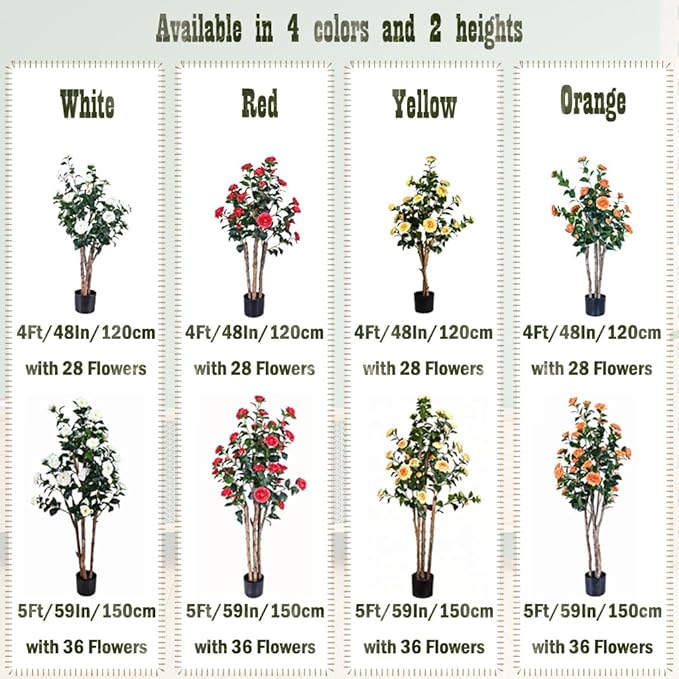 2pc 5ft Decorative Artificial Camellia Tree with Orange Flowers, Potted Faux Floral Plant, Realistic Blooming Fake Plants for Indoor Outdoor Home Front Door Planter Decor