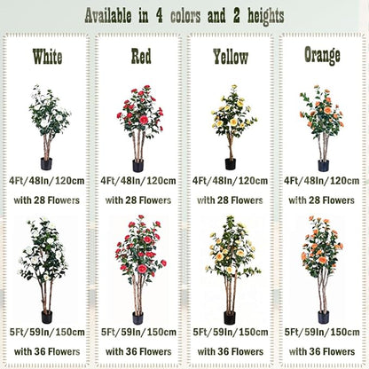 2pc 5ft Decorative Artificial Camellia Tree with Orange Flowers, Potted Faux Floral Plant, Realistic Blooming Fake Plants for Indoor Outdoor Home Front Door Planter Decor