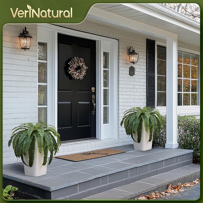 48" Boston Ferns Artificial Outdoor Plants - 39 Fronds UV Resistant Faux Greenery with Taper Planter- Realistic Fake Bushes Front Porch Decor for Garden, Patio, Indoors - Set of 2, VN153