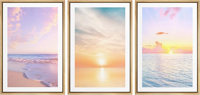 Ashbrook Framed Wall Art Print Set Pastel Dawn Sunset Ocean Beach Wave Landscape Nature Wilderness Photography Modern Art Scenic Colorful Chic for Living Room, Bedroom, Office - 24"x36"x3 Natural
