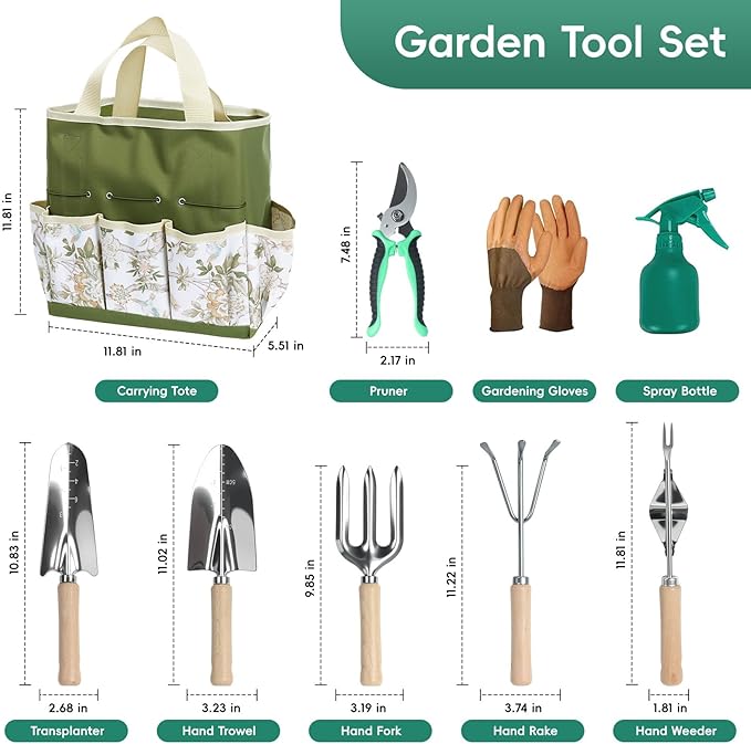 Gardening Tool Set, Heavy Duty Garden Tool Set with Fashion Garden Bag, Durable Stainless Steel Gardening Hand Tools, Gardening Gifts for Women, Mom