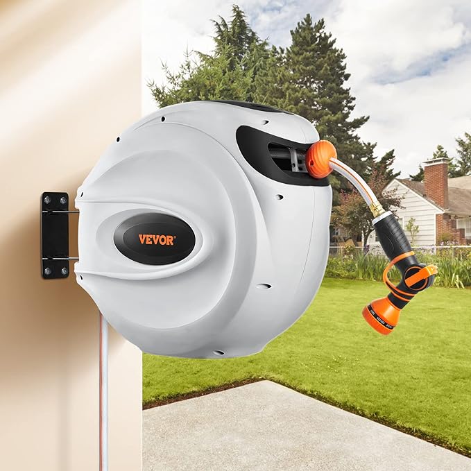 VEVOR Retractable Hose Reel, 115 ft x 1/2 inch, Garden Water Hose Reel with 9-Pattern Nozzle, 180° Swivel Bracket Wall-Mounted, Automatic Rewind, Lock at Any Length, with Slow Return System