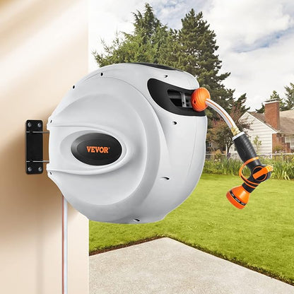 VEVOR Retractable Hose Reel, 115 ft x 1/2 inch, Garden Water Hose Reel with 9-Pattern Nozzle, 180° Swivel Bracket Wall-Mounted, Automatic Rewind, Lock at Any Length, with Slow Return System