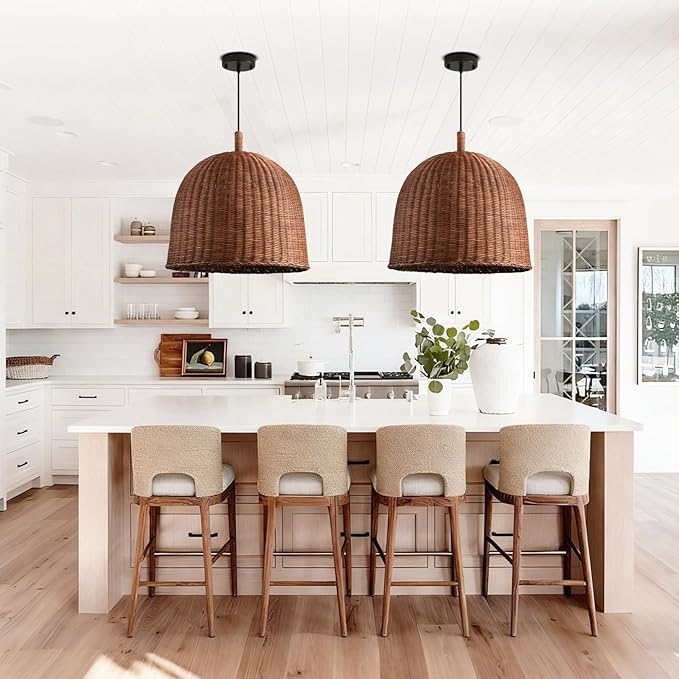 17" Rattan Pendant Light Fixtures, 3-Lights Boho Chandelier Hand Woven Pendant Light Farmhouse Hanging Light for Living Room Kitchen Island Dining Room Hallway