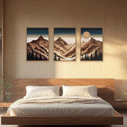 Large Abstract Mountain Woodcut Framed Canvas Wall Art,Modern Tree Ring Wall Decor,Sunrise Ridge Scenery Painting,Retro Desert Artwork for Living Room,Bedroom,Dining Room,Office -24"x36"x3