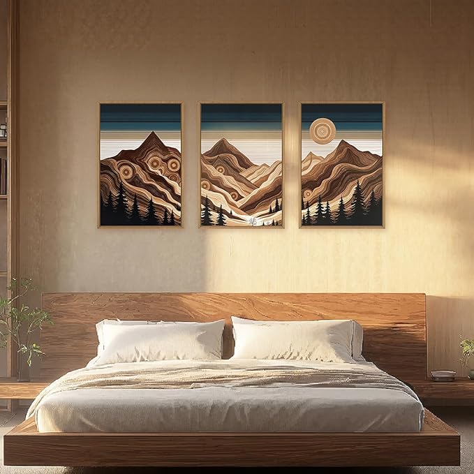 Large Abstract Mountain Woodcut Framed Canvas Wall Art,Modern Tree Ring Wall Decor,Sunrise Ridge Scenery Painting,Retro Desert Artwork for Living Room,Bedroom,Dining Room,Office -16"x24"x3