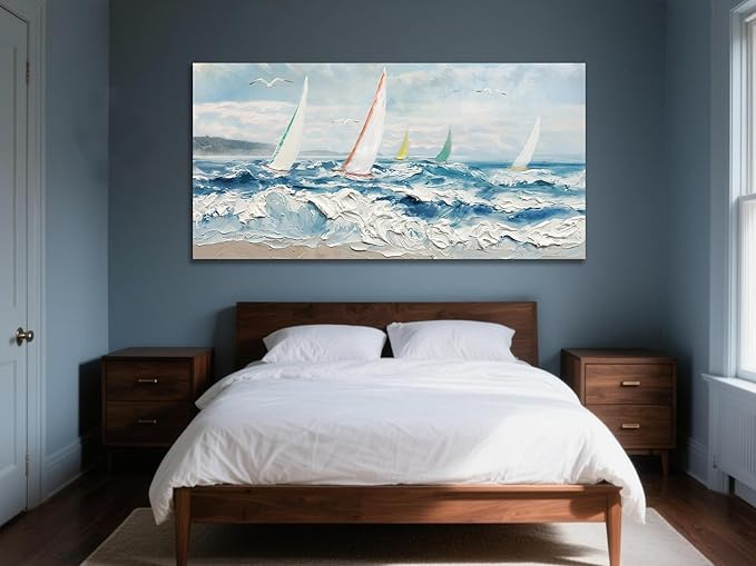 Enartly Wave 3D Textured Ocean Wall Art for Living Room Blue Seascape Sailboat Canvas Coastal Painting Artwork for Christmas Gift Bedroom Bathroom Home Office Wall Decor, Large 58"x29"