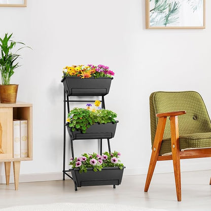 3 Tier Vertical Garden Planter Small Raised Garden Bed Freestanding Plastic Raised Planter Boxes Herb Planter Stand with Removable Tray for Indoor Outdoor Herbs Flowers Vegetables Plants Grey