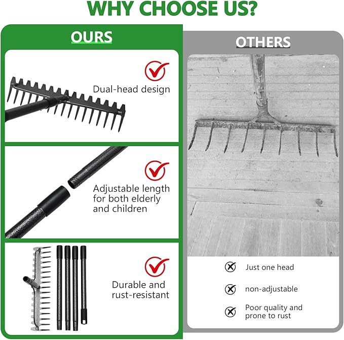 49 inch Bow Rake,2-in-1 17 Tooth Rake for Leaves Portable and Adjustable for Gardening Leaves Loosening Soil Leveling Lawn Farming Land Management Yard
