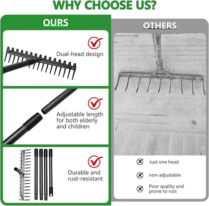 49 inch Bow Rake,2-in-1 17 Tooth Rake for Leaves Portable and Adjustable for Gardening Leaves Loosening Soil Leveling Lawn Farming Land Management Yard