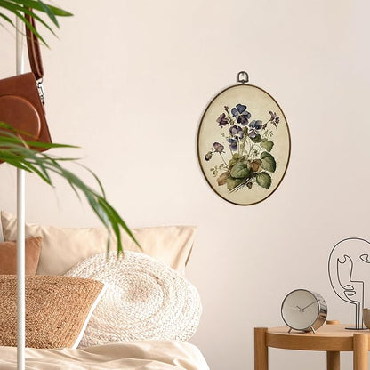 MAQIKA Vintage Purple Flower Oval Framed Wall Art Decor, Floral Wall Decor, Wildflower Oval Wall Hanging Decor, Vintage Botanical Canvas Prints Wall Art for Bedroom Living Room, 8.7x11.3 Inch
