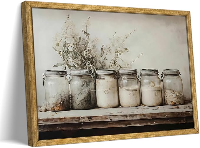 Vintage Kitchen Wall Decor, Dining Room Canvas Wall Art Painting, Retro Rustic Farm Poster Print Picture, Mason Jar Spice Still Life Art Oil Painting Home Decoration 12x16 Inch Wood Framed