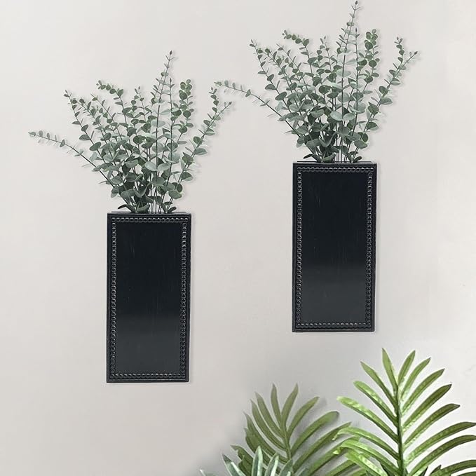 Wood Wall Planter Set of 2, Farmhouse Wall Hanging Decor Pocket Planter for Greenery and Dried Flowers, Rustic Indoor Wood Hanging Vase (Black)