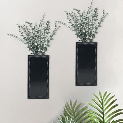 Wood Wall Planter Set of 2, Farmhouse Wall Hanging Decor Pocket Planter for Greenery and Dried Flowers, Rustic Indoor Wood Hanging Vase (Black)