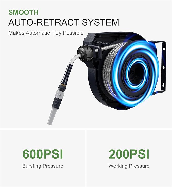 Wall Mount Retractable Garden Hose Reel, 50 ft, Automatic Self-Retracting, Metal Mounting Bracket, 1/2 Inch Hose Included