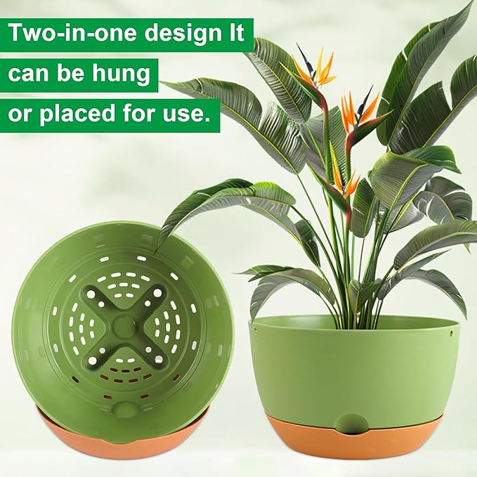 8/8/10/12 Inch Pots for Indoor Plants, 4 Pack Large Self Watering Planters with Drainage and Saucers, Plastic Outdoor Flower Pot(Green)