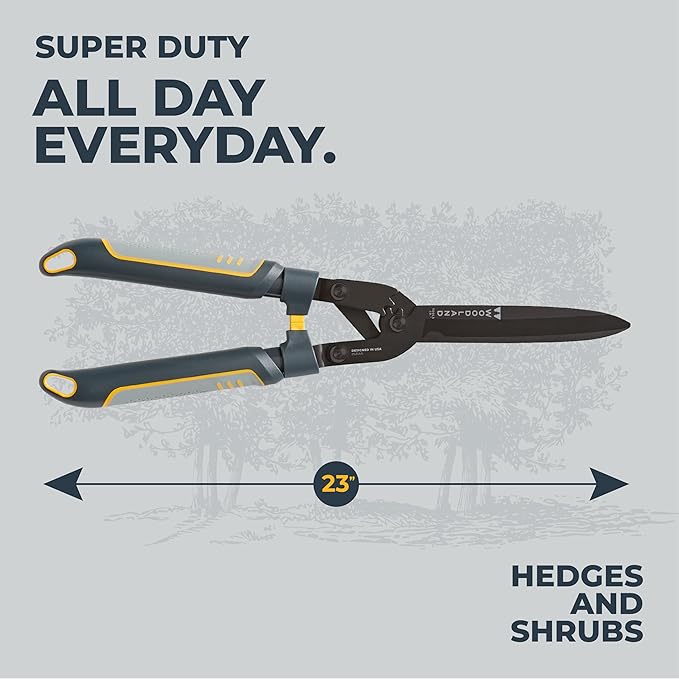 Woodland Tools Super Duty Hedge Shears, 23 Inch Manual Hedge Clippers with 10 Inch Gear-Assist Blades, Power Notch, and Non Stick Coating, Heavy Duty Trimmer for Thick Shrubs and Hedges