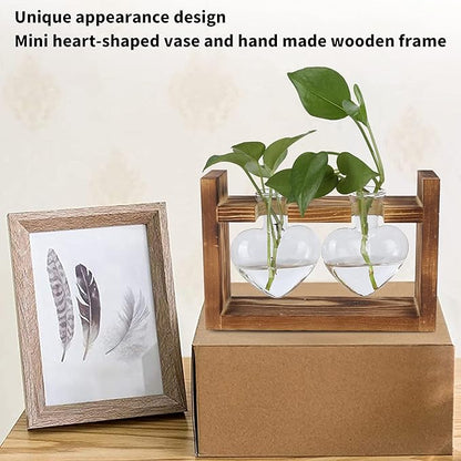 Plant Terrarium with Wooden Stand,Heart Shaped Transparent Glass Vase Flower Pot Hydroponics Plant Propagation Station for Hydroponics Plants Home Office Decor (Retro Box + 2