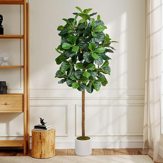 5FT Artificial Fiddle Leaf Fig Tree, Artificial Fig Tree Floor Plant with White Planter, Premium Silk Fake Plants for Living Room, Bedroom, Office, Home & Indoor Décor