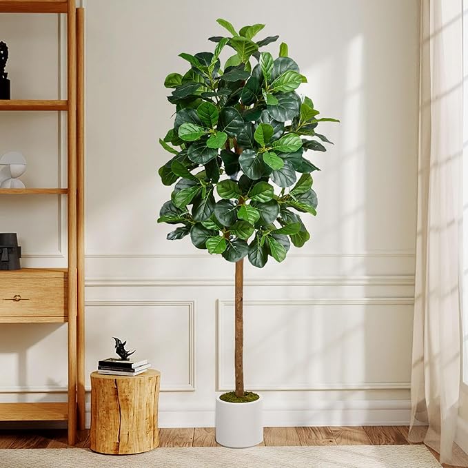 6FT Artificial Fiddle Leaf Fig Tree, Artificial Fig Tree Floor Plant with White Planter, Premium Silk Fake Plants for Living Room, Bedroom, Office, Home & Indoor Décor