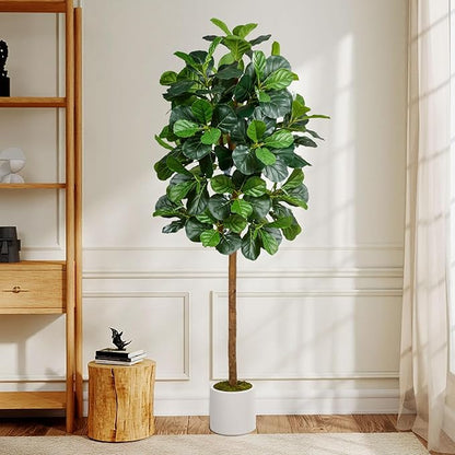 6FT Artificial Fiddle Leaf Fig Tree, Artificial Fig Tree Floor Plant with White Planter, Premium Silk Fake Plants for Living Room, Bedroom, Office, Home & Indoor Décor