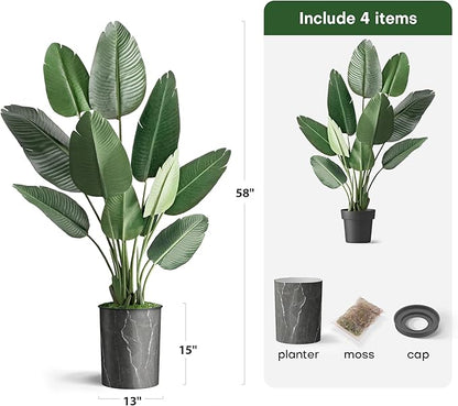 Artificial Tree in Modern Granite Effect Planter, Fake Bird of Paradise Silk Tree for Indoor and Outdoor Home Decoration - 58" Overall Tall (Plant Pot Plus Tree)
