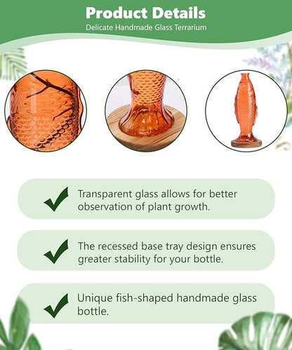 Nacome Fish Vase Propagation Stations: Glass Plant Terrarium with Wooden Stand for Home Office Desk Decor, Unique Gifts for Plant Lovers Women Mom (Orange)