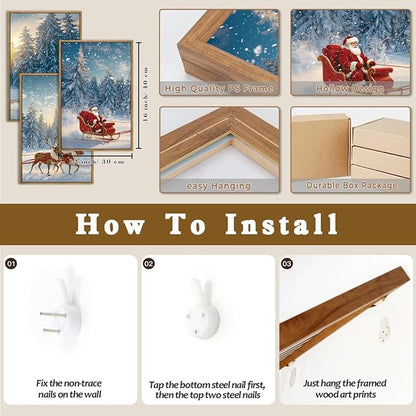 Framed Christmas Wall Art Santa Claus Wall Art Santa Winter Artwork for Living Room Bedroom Dining Room 12x16 Inches Set of 3