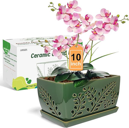 Ceramic Orchid Pot, 10 Inch Orchid Pots with Holes, Premium Thickened Handmade Glazed Pot for Orchidaceae Plants, Indoor Outdoor Decorative Flower Pots for Easy Repotting