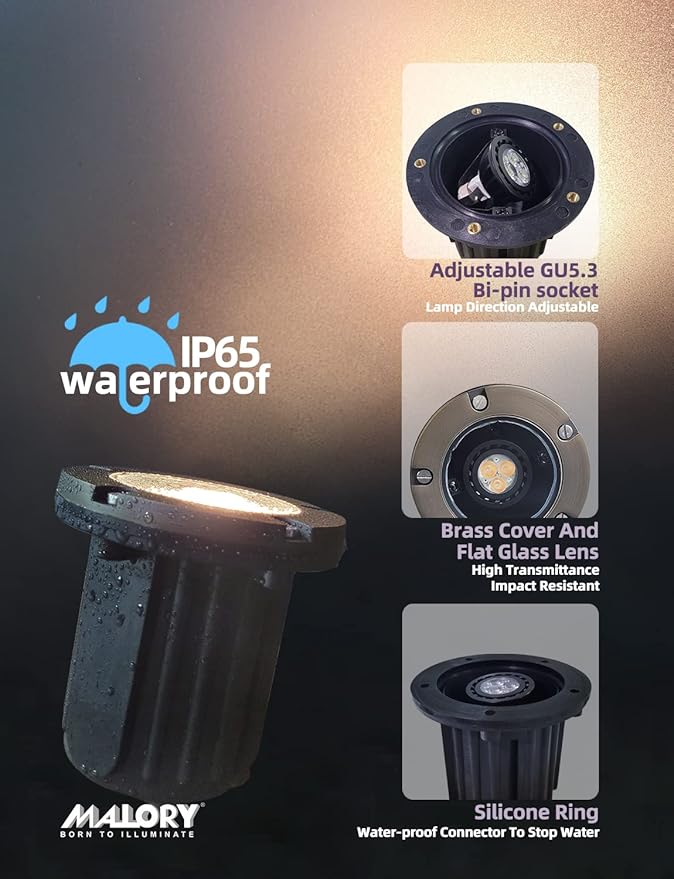 MALORY Brass Top Cover Landscape Well Lights, (4.6''H) 12V Low Voltage Outdoor In Ground Lights,Landscape Lighting for Pathway, Driveway and Garden 4-Pack with MR16 Bulb (Flat Top)