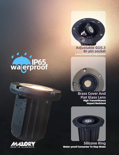 MALORY Brass Top Cover Landscape Well Lights, (4.6''H) 12V Low Voltage Outdoor In Ground Lights,Landscape Lighting for Pathway, Driveway and Garden 4-Pack with MR16 Bulb (Flat Top)